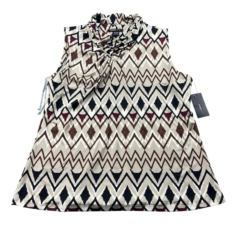 Robert Louis Geo Ikat Cowl Neck Sleeveless Top Womens L Stretch Cream Brown NWT